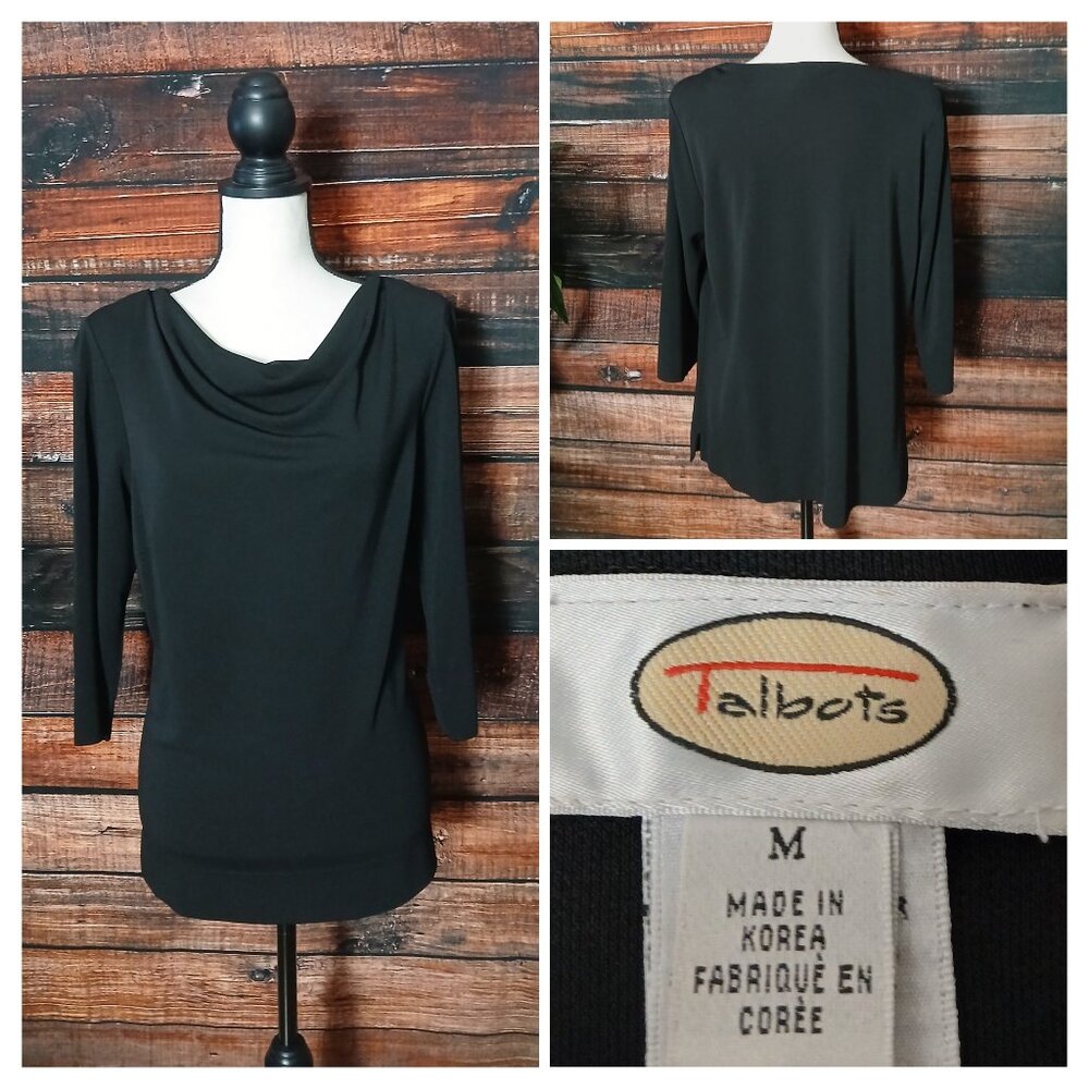 Talbots Vintage Top M Black Cowl Neck Rayon Blend 3/4 Sleeve Stretch